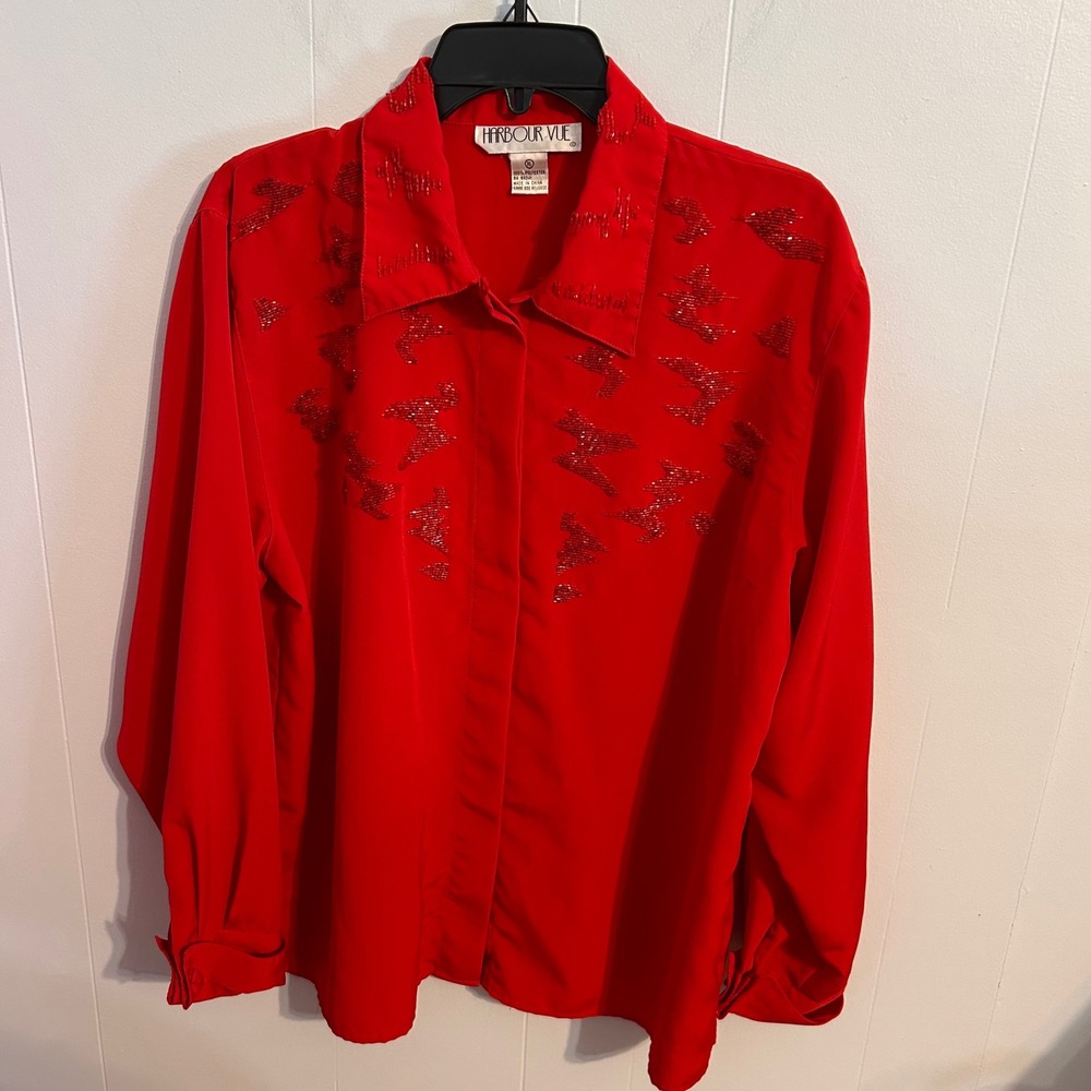 Harbour Vue Vintage Red Beaded‎ Button Down Blouse XL Long Sleeve Abstract 90s